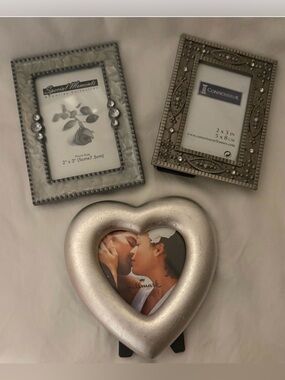 Ornate SilverTone Picture Frame Bundle – Heart Frame + 2 Mini Jeweled Frames NWT
